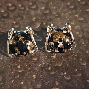 Vintage Silvertone Lucite Black Flecked Clip Earrings